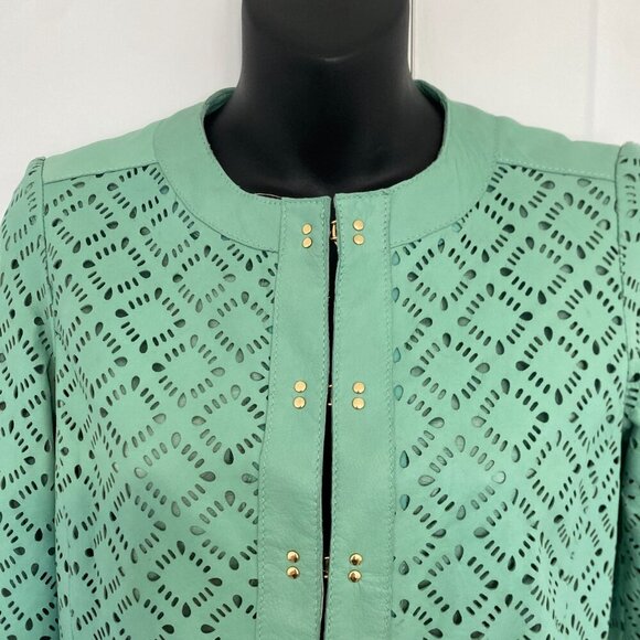 Luisa Spagnoli Long Sleeve Teal Genuine Leather Jacket Women's Size Medium 40 - Picture 3 of 9